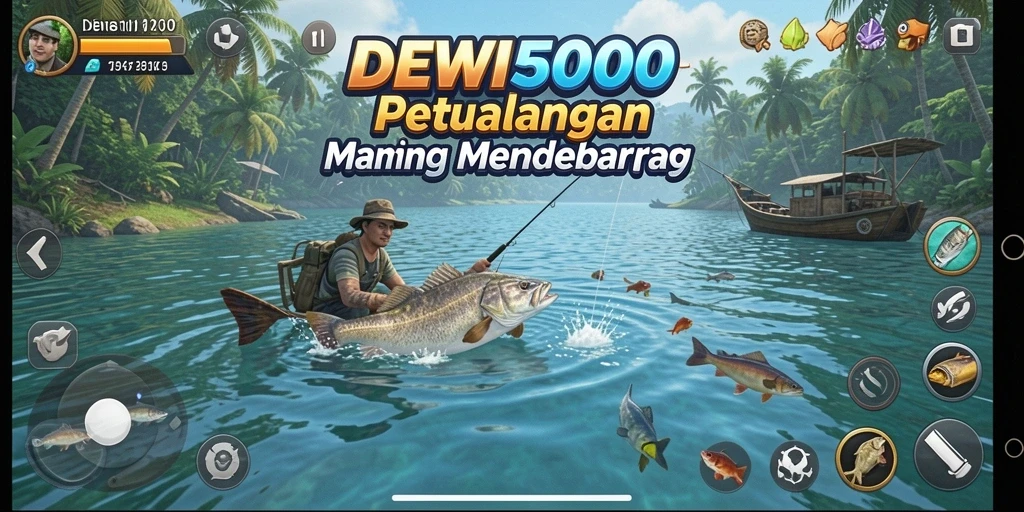 Gameplay memancing seru dalam DEWI5000 yang menampilkan keindahan laut.