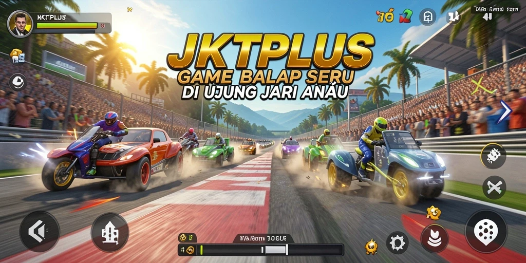 Screenshot gameplay balap seru JKTPLUS dengan mobil berkecepatan tinggi.