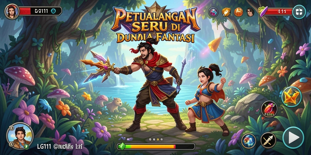 Screenshot utama menunjukkan karakter di tengah petualangan di dunia fantastis.