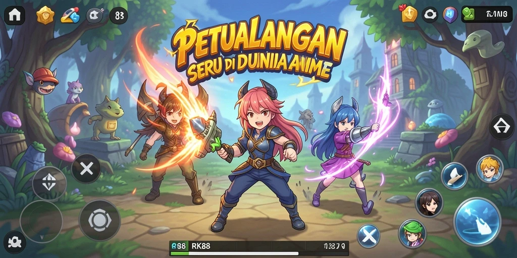 Tangkapan layar utama RK88 menampilkan karakter anime dalam aksi pertarungan yang seru.