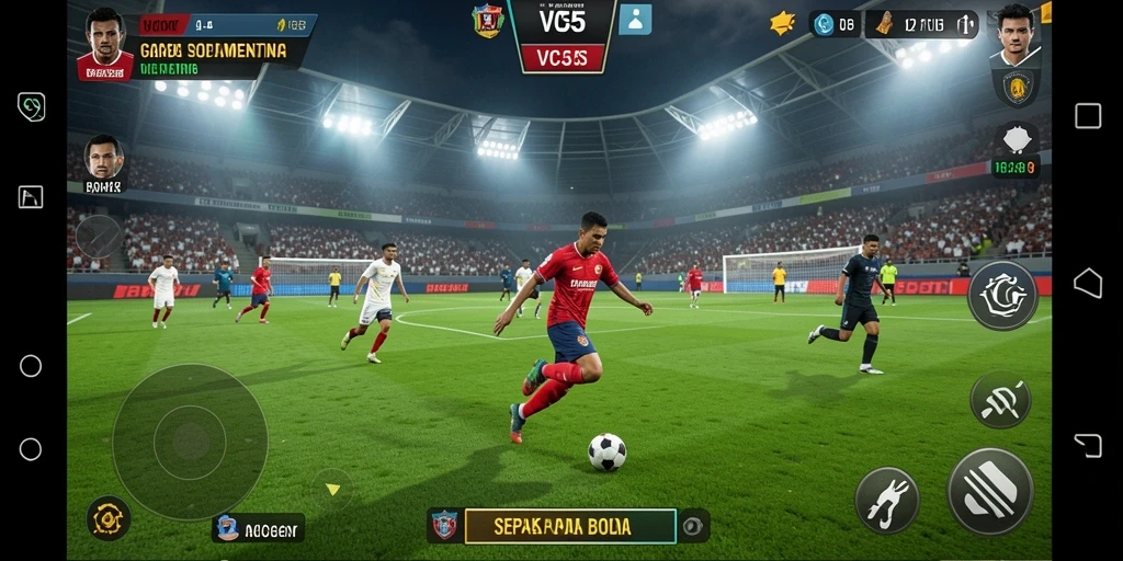 Tangkapan layar utama VC55 menampilkan aksi seru di lapangan sepak bola.
